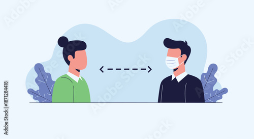 Man and woman wearing face masks and standing at a safe distance from each other as indicated by a dashed line with arrows.