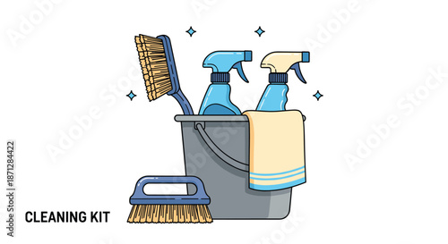 Cleaning kit featuring a gray bucket filled with spray bottles, a scrub brush, and a folded yellow towel next to another brush.