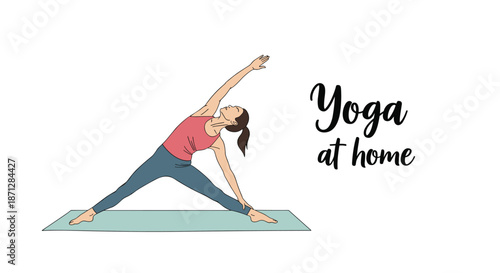 Woman practicing a yoga pose called triangle pose on a green mat with the words yoga at home written in elegant black script.