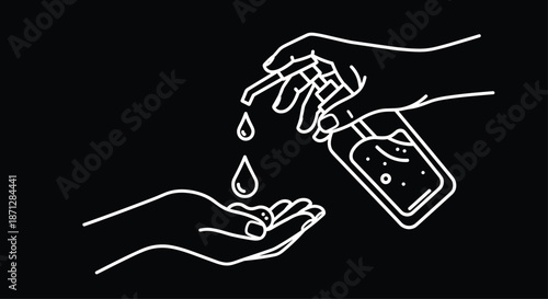 White line art on a black background depicting hands applying liquid soap from a dispenser for clean hygiene and safety practices.