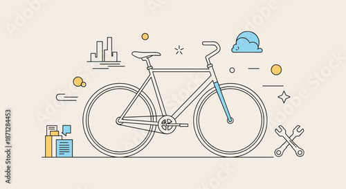 Minimalist line art illustration of a bicycle surrounded by abstract geometric shapes and simple icons of a city and tools.