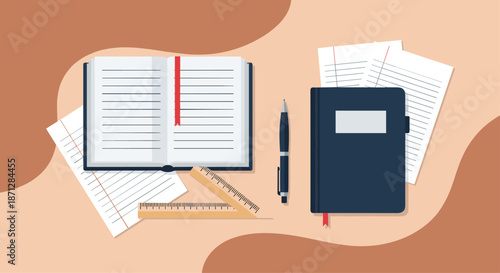 Top view of an open notebook with a red bookmark surrounded by loose papers, a closed journal, a pen, and two wooden rulers.