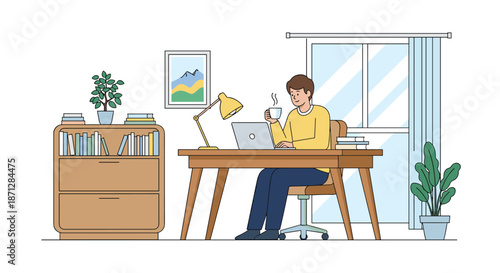 Student sitting at a wooden desk with a laptop and a cup of coffee in a cozy room with a bookshelf and a plant by a window.