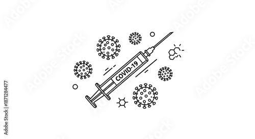 Line art illustration of a medical syringe labeled covid-19 surrounded by several virus cells and chemical structure icons.