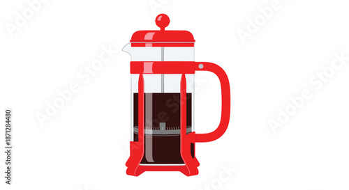 Red and glass French press coffee maker filled with dark brewed coffee standing isolated on a plain white background.