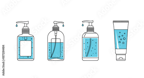 Collection of four different plastic containers for liquid hand sanitizer including pump bottles and a squeeze tube.