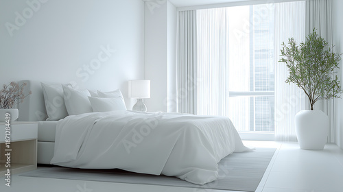A serene and modern bedroom with a large window and a comfortable bed , color of the year 2026, cloud dancer