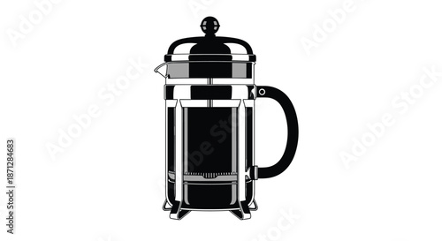 Black and white silhouette of a classic French press coffee maker for brewing fresh grounds on a plain white background.