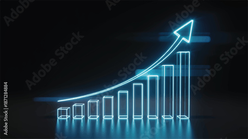Neon blue bar graph with upward trending arrow and reflection on dark surface light