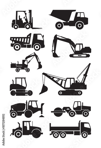 Collection of black silhouette construction vehicles and equipment white forklift dump