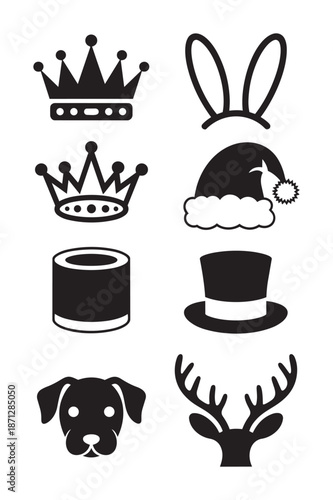 Collection of black silhouette including crowns bunny ears santa hat cylinder dog and reindeer