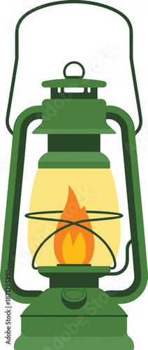 Vintage green camping lantern illustration, classic kerosene lamp vector isolated on white background for outdoor adventure branding marketing print design