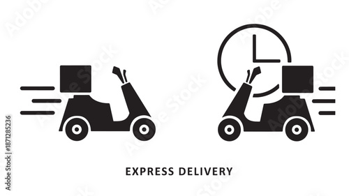 Express delivery scooters with packages a clock and speed lines on transparent background silhouette
