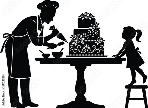 Baker Decorating Cake with Little Girl Silhouette Vector Illustration