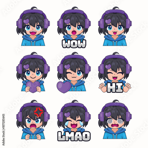 Girl gamers twitch emotes expression vector design