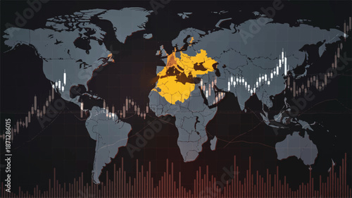 World Map with Highlighted Europe and Financial Stock Market Data Overlay global