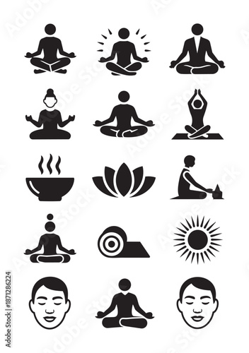 Collection of black silhouette representing yoga meditation and wellness activities lotus