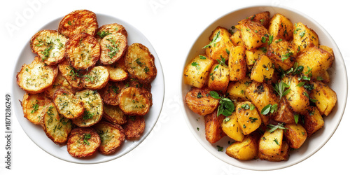 Fried potato roasted potato herb crispy golden slice cube plate bowl snack Aromatic fried potato and roasted potato with herb white plate and bowl, crispy golden slice and cube cooked food styled