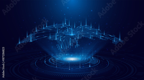 A holographic world map. The concept relates to a global network of connectivity. Internet technology or global communication.