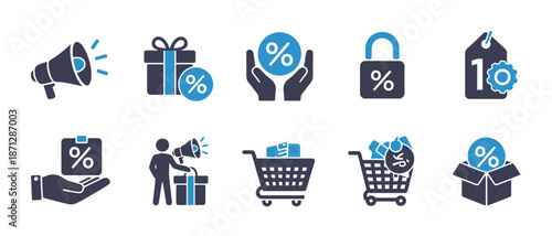 offer icons collection, promotion and sale symbols, discount, shopping and retail marketing icons, solid vector illustrations for web design, apps and digital interfaces.