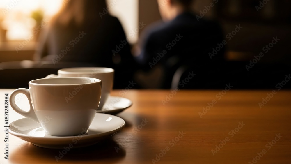 Fototapeta premium Coffee cups on a wooden table with couple in the background, Valentine's Day Theme 