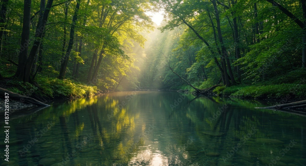 Obraz premium Sunbeams penetrate dense woodland canopy illuminating calm flowing water surface