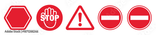 Stop do not cross ban forbidden and alert icon set, road safety symbols in red and white, stop sign isolated, vector hand stop sign illustration for traffic warning, prohibition, and safety awareness.