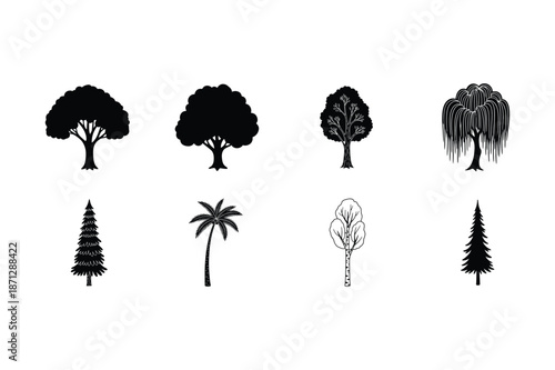Collection of various tree silhouettes on a white background