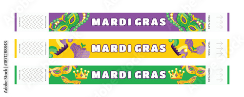 Mardi Gras Carnival Wristband Set with Masks, Costumes, Shoes, Jester Hats, Beads, Crowns and Feathers