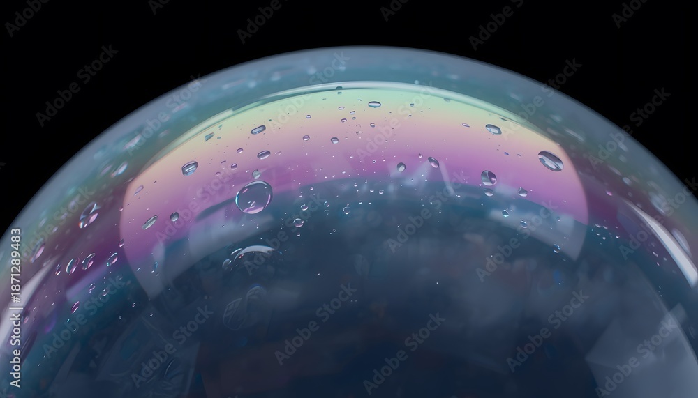 Fototapeta premium Vibrant iridescent bubble with water droplets on black background