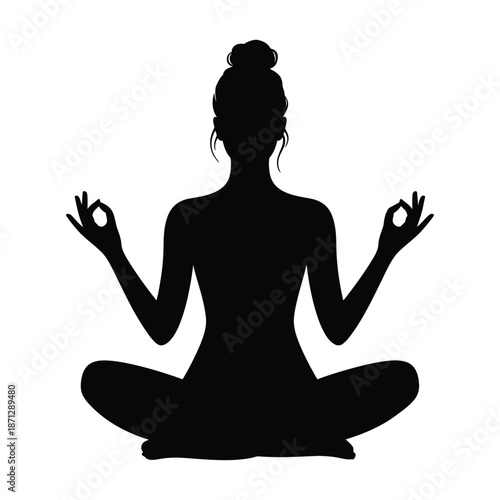Woman Yoga Meditation Silhouette Sitting in Lotus Pose with Mudra on White Background