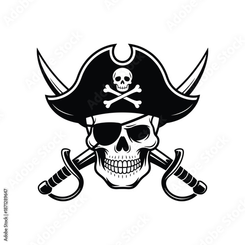 Pirate Skull with Crossed Swords Black and White Vector Illustration