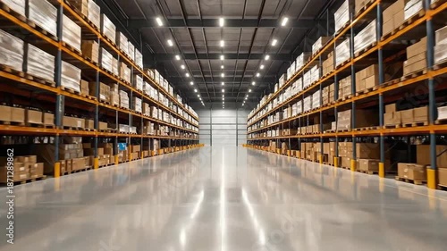 Wallpaper Mural Interior view of a large warehouse with shelves full of cardboard boxes. Torontodigital.ca
