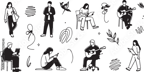 People Engaged in Various Activities with Simple Illustrations