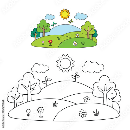 Peaceful spring landscape coloring page with blooming flowers, rolling hills, leafy trees, butterflies, and a bright sky inviting relaxation, creativity, and joyful nature scenes.
