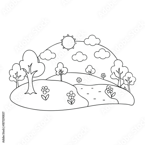 Peaceful spring landscape coloring page with blooming flowers, rolling hills, leafy trees, butterflies, and a bright sky inviting relaxation, creativity, and joyful nature scenes.
