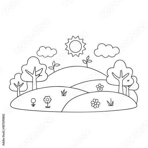Peaceful spring landscape coloring page with blooming flowers, rolling hills, leafy trees, butterflies, and a bright sky inviting relaxation, creativity, and joyful nature scenes.
