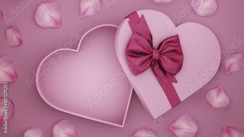 Open heart shaped present box wrapped with red bow tie and rose flower petals on pink background. Valentine's day giftbox 3d animation. Mother's day, woman, birthday, anniversary holiday template