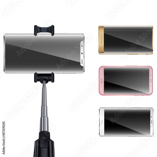 Mobile phones with screen protectors and a selfie stick isolated on transparent background