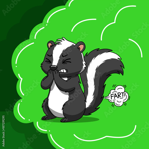 A cute cartoon illustration of a cute skunk covering his nose because of the smell of his own fart. National Fart Day, February 5th.