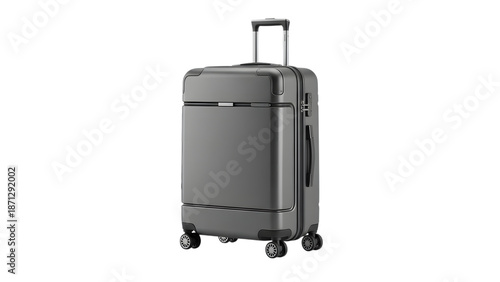 A sleek gray suitcase with a retractable handle on a black background