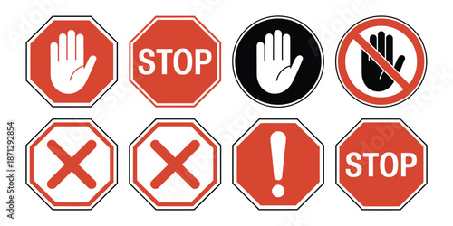 Stop red sign icon with white hand, do not enter, warning stop sign vector stock illustration, safety symbol for traffic management, public warning, and hazard prevention.