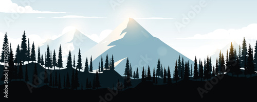 Landscape of mountains and pine forests.