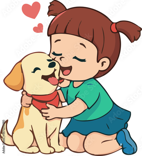 The cartoon illustration depicts a little girl hugging and kissing her happy puppy, with hearts hovering above them, expressing love and affection.