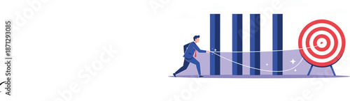 Business Goal Achievement Concept with Man Pulling Target Beyond Barriers Showing Determination, Strategy, and Overcoming Challenges Flat Vector Illustration