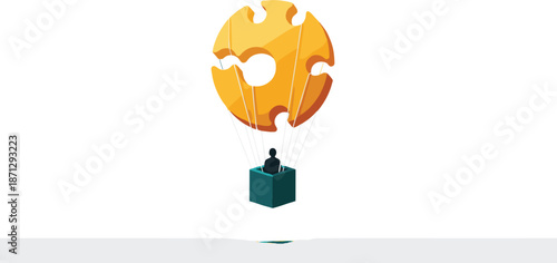 Creative Problem Solving and Innovation Concept with Puzzle Piece Hot Air Balloon and Business Person Floating Up Flat Vector Illustration for Strategy and Idea Development