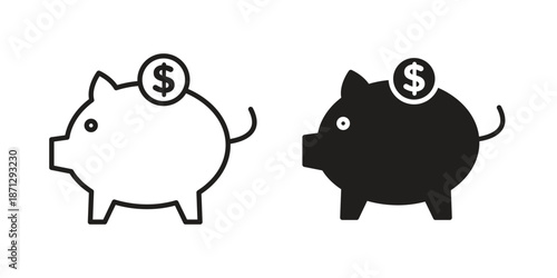 Piggy bank icons in black glyph and liner versions for design.