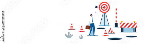 Business Goal Achievement Concept with Man Reaching Target Amid Obstacles, Challenges, and Roadblocks Flat Vector Illustration for Strategy and Success Themes