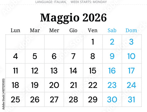 2026 May Italian calendar planner – Maggio. Month vector illustration Italy
