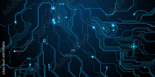 Circuit board components on a technology blue background. Horizontal web banner with empty place for text. AI chip on a futuristic chipset motherboard. Tech bg. Abstract digital vector illustration.